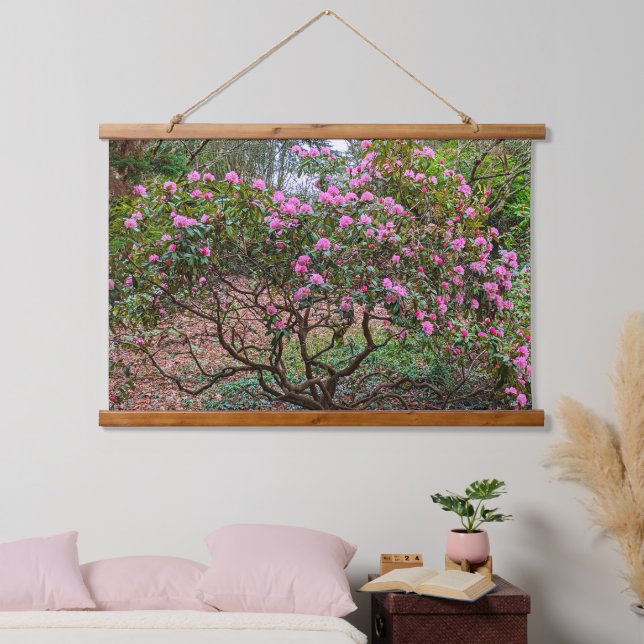 Blütenrosa Rhododendron Shrub Floral Wandteppich Mit Holzrahmen (Schlafzimmer)