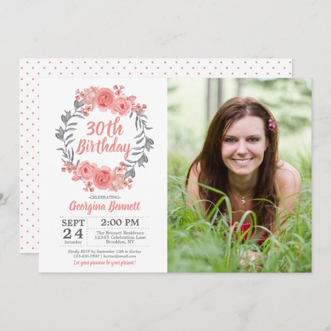 Blütenrosa Rosa Graue, jedes Foto jedes Alters Geb Einladung (Vorne/Hinten)