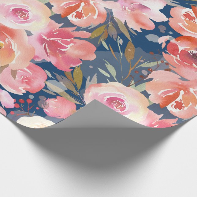 Blütenrosa Rose für Wasserfarben in Blau Geschenkpapier (Ecke)