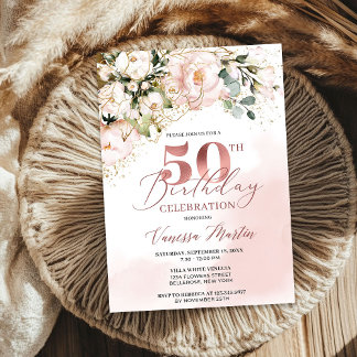 Blütenrosa Rose Gold bis zum 50. Geburtstag Einladung