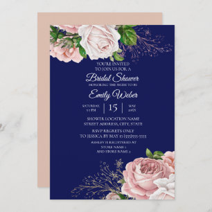 Blütenrosa Rose Navy Blue Brautparty Einladung