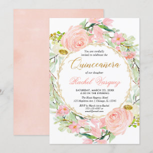 Blütenrosa und goldblütige Quinceanera Einladung