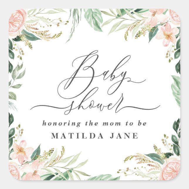 Blütenrosa Wasserfarben Blütendusche Quadratischer Aufkleber (Vorderseite)