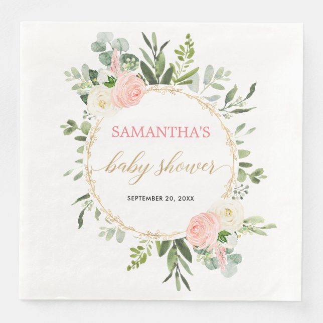 Blütenrosa, weiße Vegetation Gold Blumen elegant Serviette (Vorderseite)
