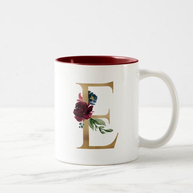 Blütenrot Burgundgoldmonogramm Personalisiert Zweifarbige Tasse (Rechts)