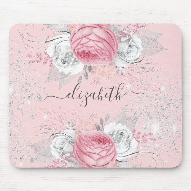 Blütenrot Pink silbergrün monogramm Stilvoll Mousepad (Vorne)