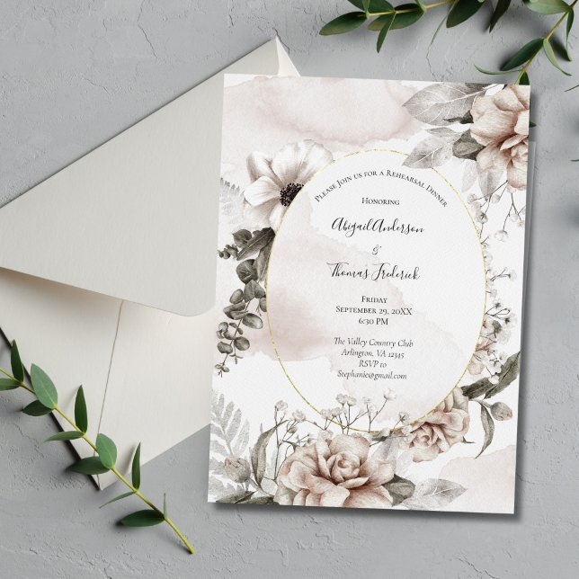 Blütenrot Rosa Grau Elegantes Probe Abendessen Einladung (Blush Pink Gray Floral Elegant Wedding Rehearsal Dinner Invitation)