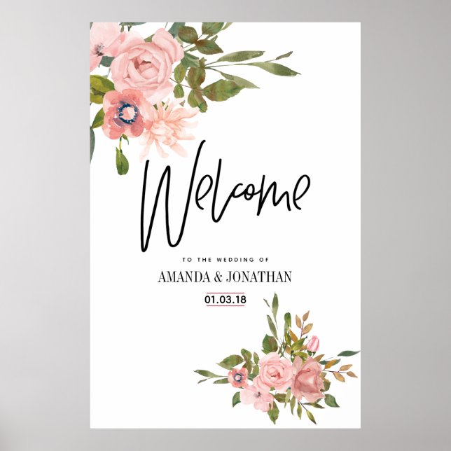 Blütenrot und Rose Gold Hochzeit Willkommen Poster (Vorne)