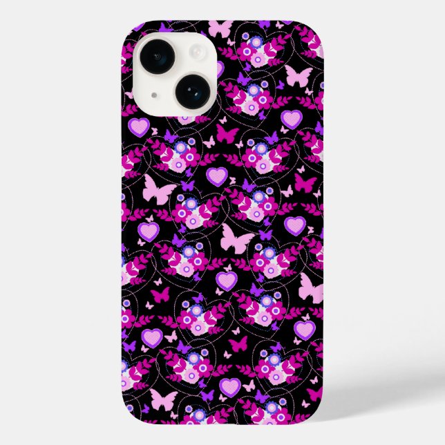 Blütenschmetterlinge und Herzen rosa schwarz Case-Mate iPhone Hülle (Rückseite)
