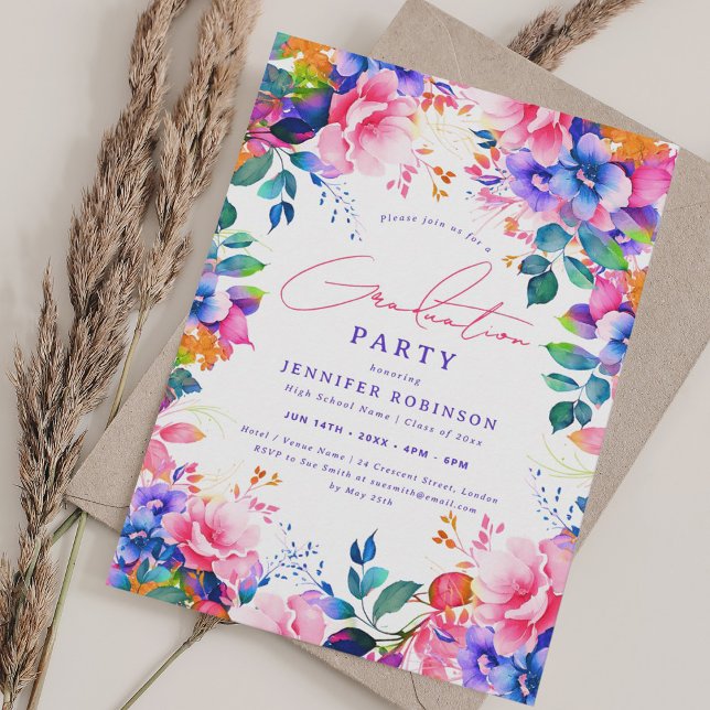 Blütenschülerpartei für hellgestrichene Gärten Einladung (Bright Painted Garden Floral Graduation Party Invitation)