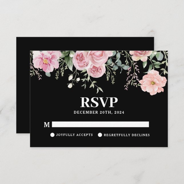 Blütenschwarz und rot-rosa Hochzeit RSVP Karte (Vorne/Hinten)