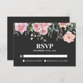 Blütenschwarz und rot-rosa Hochzeit RSVP Karte