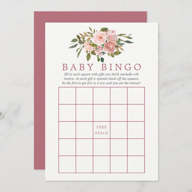 Blütenspülung und Rose Gold Baby Dusche Baby Bingo Einladung (Vorne/Hinten)