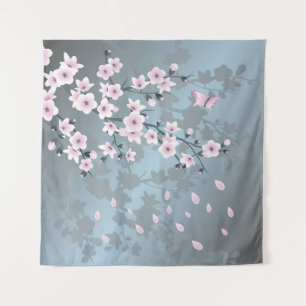 Blütenstaub der Kirschblüten in Staubrosa und Blau Wandteppich