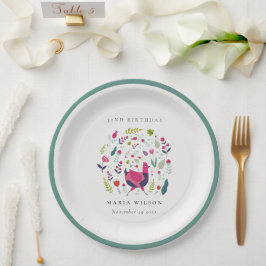 Blütenvogel aus der Hütte, jedes Alter zum Geburts Pappteller