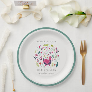 Blütenvogel aus der Hütte, jedes Alter zum Geburts Pappteller