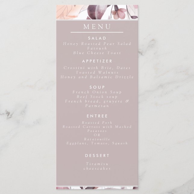 Blütenvögel Lila und weiß Menükarte (Vorderseite)