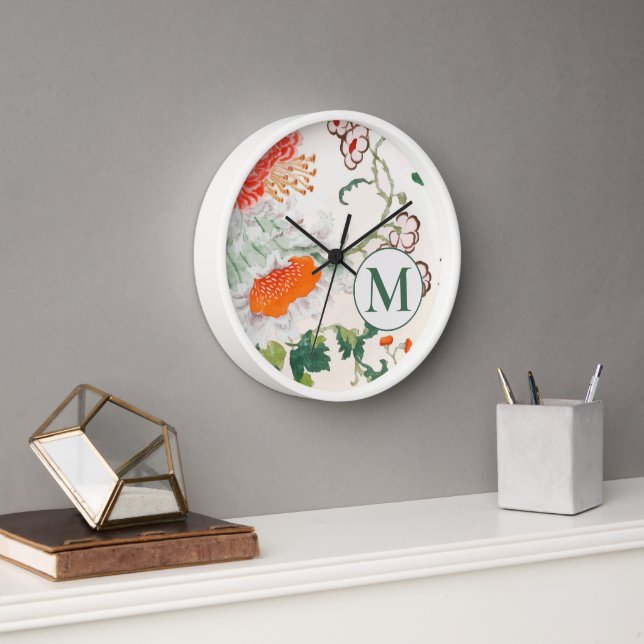 Blutflorale Monogramm Uhr (Büro)
