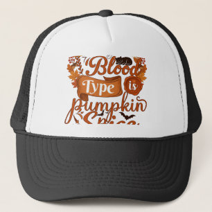 Blutgruppe ist Kürbisgewürz Halloween Schwarze Kat Truckerkappe