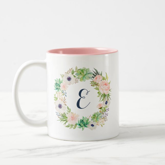 Bluthochdruck Succulents Cactus Wreath Monogram Zweifarbige Tasse (Links)