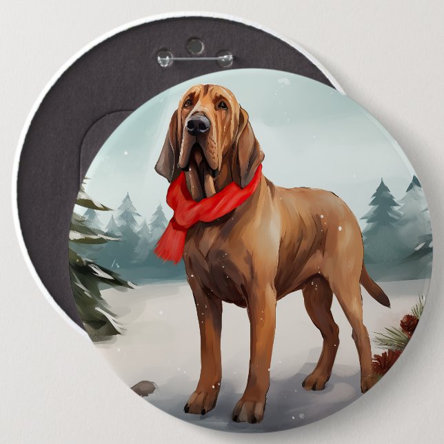 Bluthund Hund im Schnee Weihnachten Button (Vorne & Hinten)