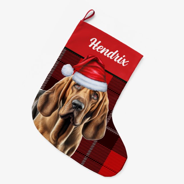 Bluthund mit Holiday Kariert und Hunde Name Großer Weihnachtsstrumpf (Vorderansicht (hängend))