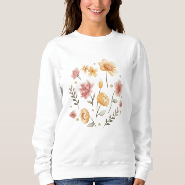 Blütige Blume und Blätter Aquarell Sweatshirt (Vorderseite)