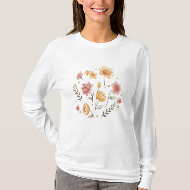 Blütige Blume und Blätter Aquarell T-Shirt (Vorderseite)