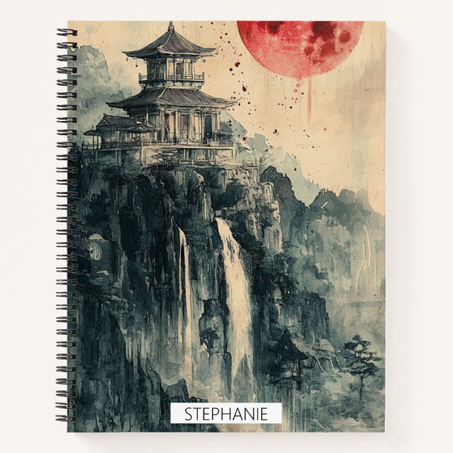 Blutmond-Pagode Tuschwaschung Notizbuch (Vorderseite)