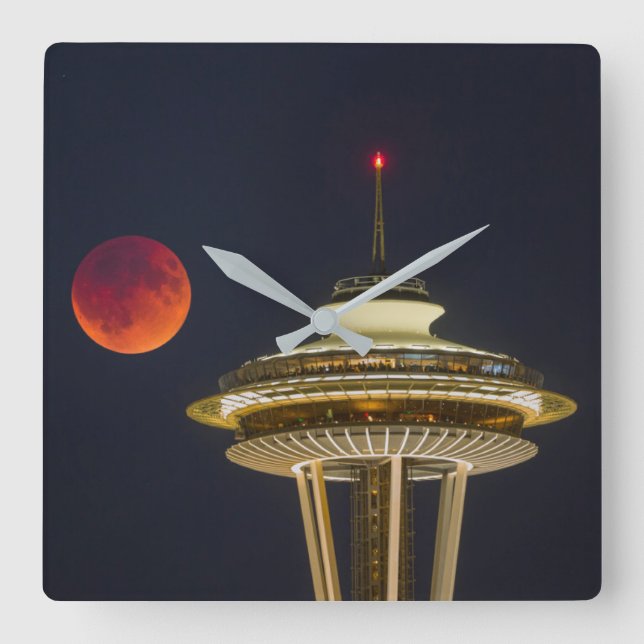 Blutmond | Seattle Space Needle Quadratische Wanduhr (Vorderseite)
