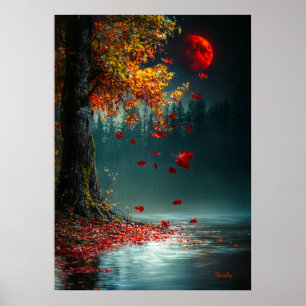 Blutmond über dem Herbstsee - Mystischer Fall Poster
