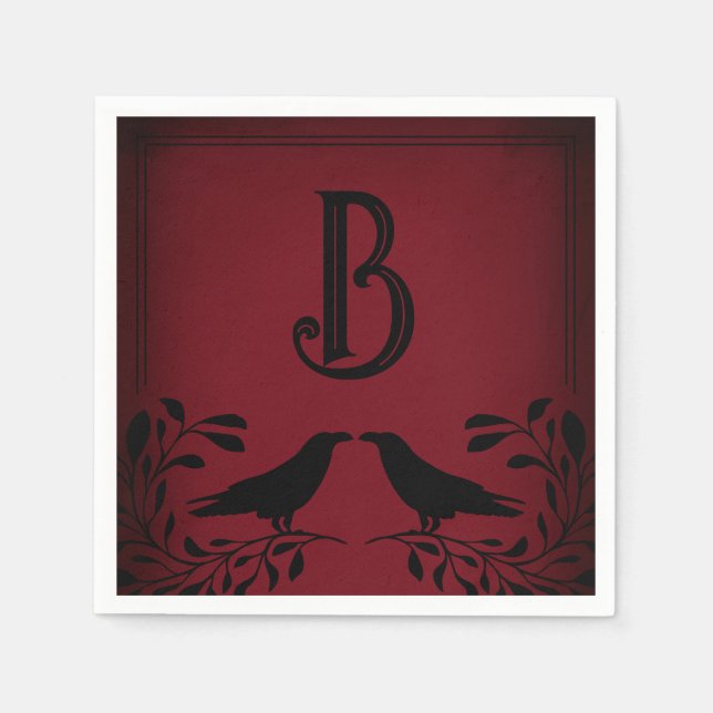Blutrot schwarzes Raben-Monogramm-Goth-Hochzeit Serviette (Vorderseite)
