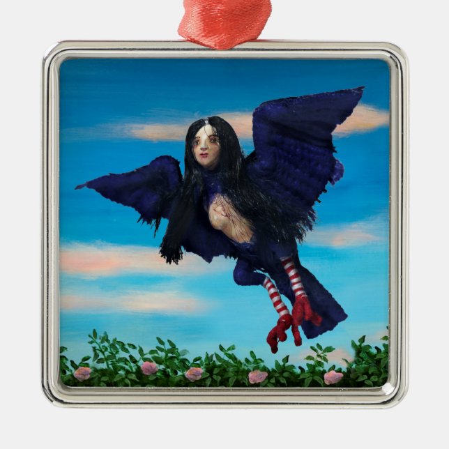 Bluttee und Roter Streichebird-Girl Pillow Ornament Aus Metall (Vorne)