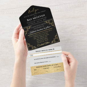 BM Bar Bat Mitzvah Art Deco All In One Einladung