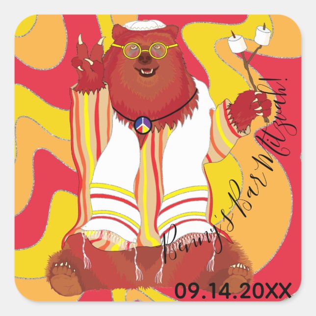 BM Bar or Bat Mitzvah Sticker Square Hippie Bear (Vorderseite)