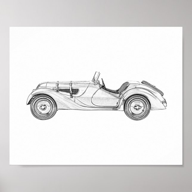 BMW 328 Roadster Black and White Pencil Art Poster (Vorne)