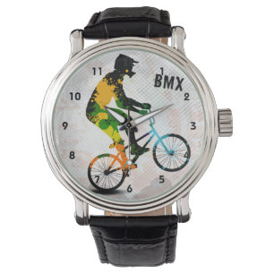 BMX Rider in Abstrakt Paint Spritzers SQ MIT TEXT Armbanduhr