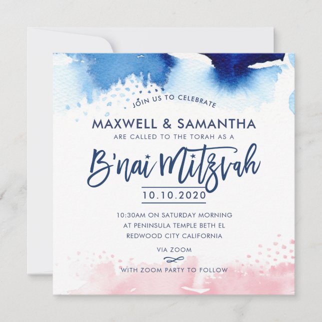 B'NAI MITZVAH handbuchstabiert blau-rosa Aquarell Einladung (Vorderseite)