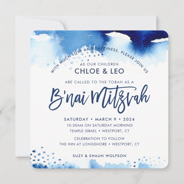 B'NAI MITZVAH INVITE hand lettered blue watercolor Einladung (Vorderseite)