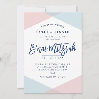 B'NAI MITZVAH modern minimal script blue pink Einladung