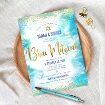 B'nai Mitzvah Modernes Gold Türkis Wasserfarbe