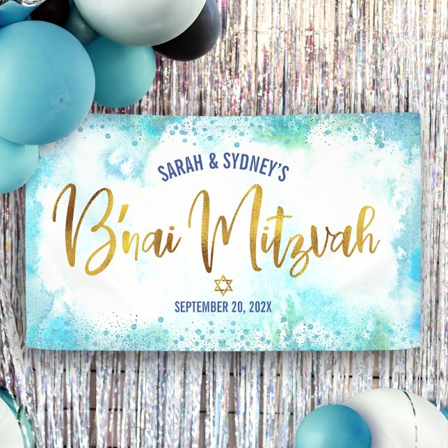 B'nai Mitzvah Turquoise Watercolor Gold Script Banner (Von Creator hochgeladen)
