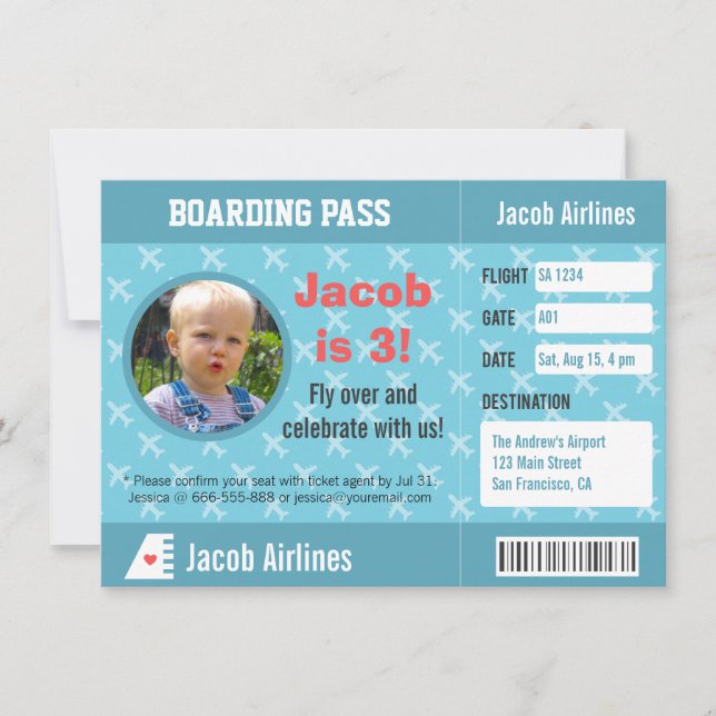 Boarding für Flugzeugmuster Pass Geburtstagspartei Einladung (Vorderseite)