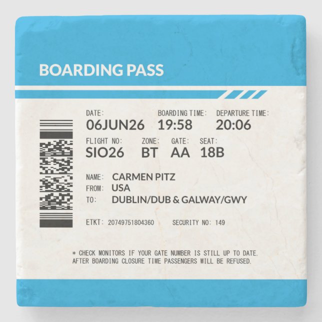 Boarding Pass 6000x6000 (blau) DAM03 Steinuntersetzer (Vorderseite)
