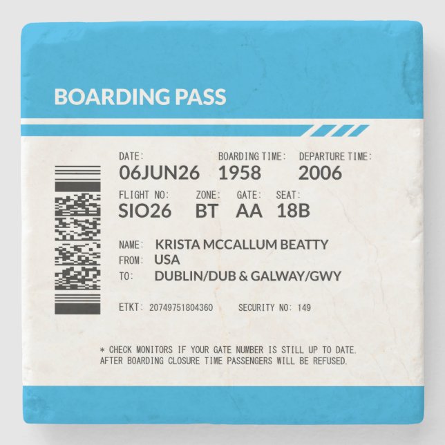 Boarding Pass 6000x6000 (blau) DAM12 Steinuntersetzer (Vorderseite)