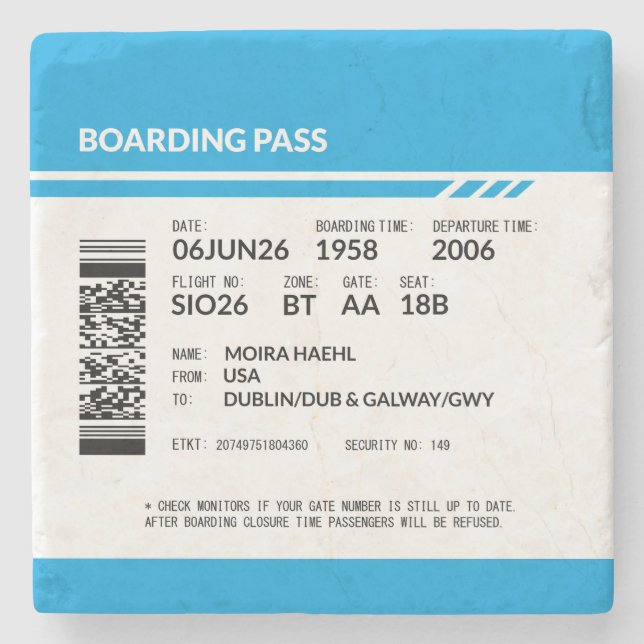 Boarding Pass 6000x6000 (blau) DAM15 Steinuntersetzer (Vorderseite)
