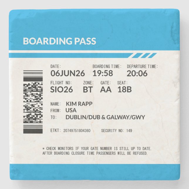Boarding Pass 6000x6000 (blue) DAM10 Steinuntersetzer (Vorderseite)
