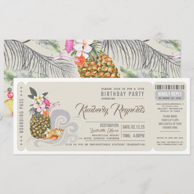 Boarding Pass | Ananas | Beach Birthday Party Einladung (Vorne/Hinten)