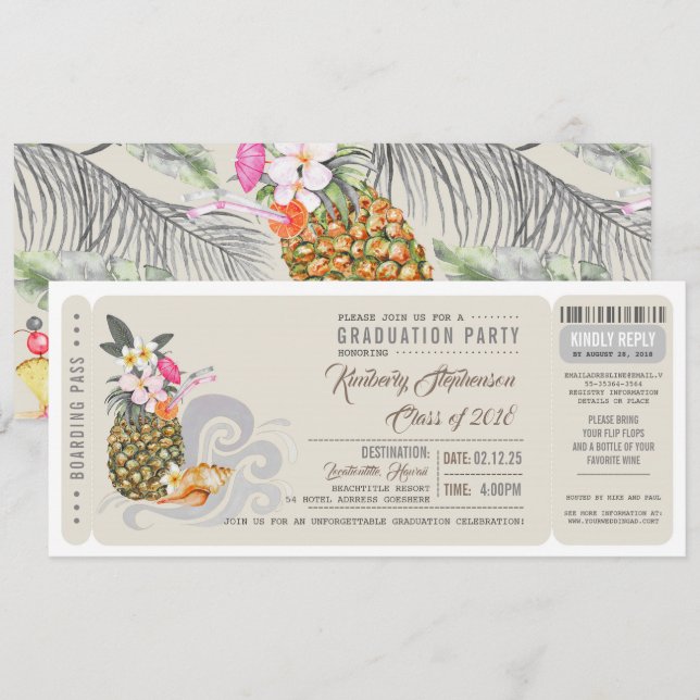 Boarding Pass | Ananas | Beach Graduation Party Einladung (Vorne/Hinten)
