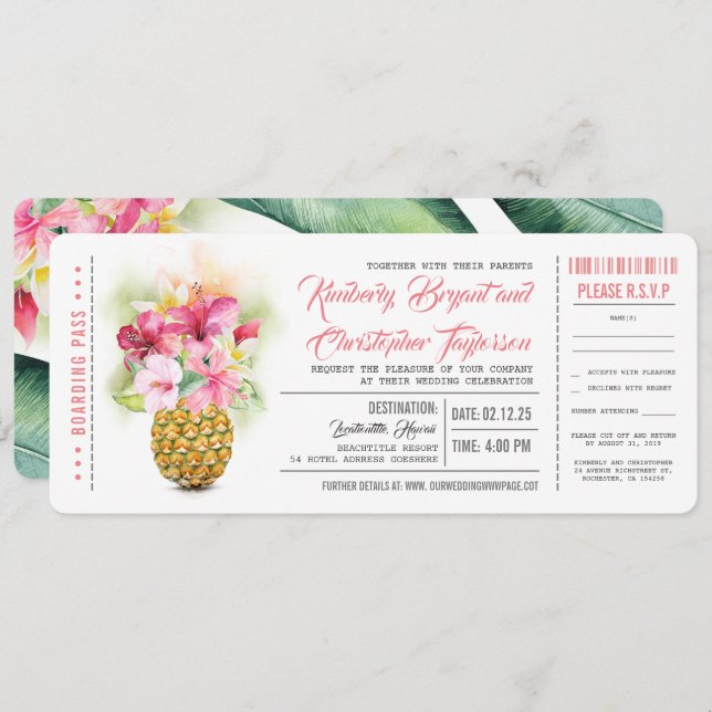 Boarding Pass Ananas Hochzeitskarten Einladung (Vorne/Hinten)